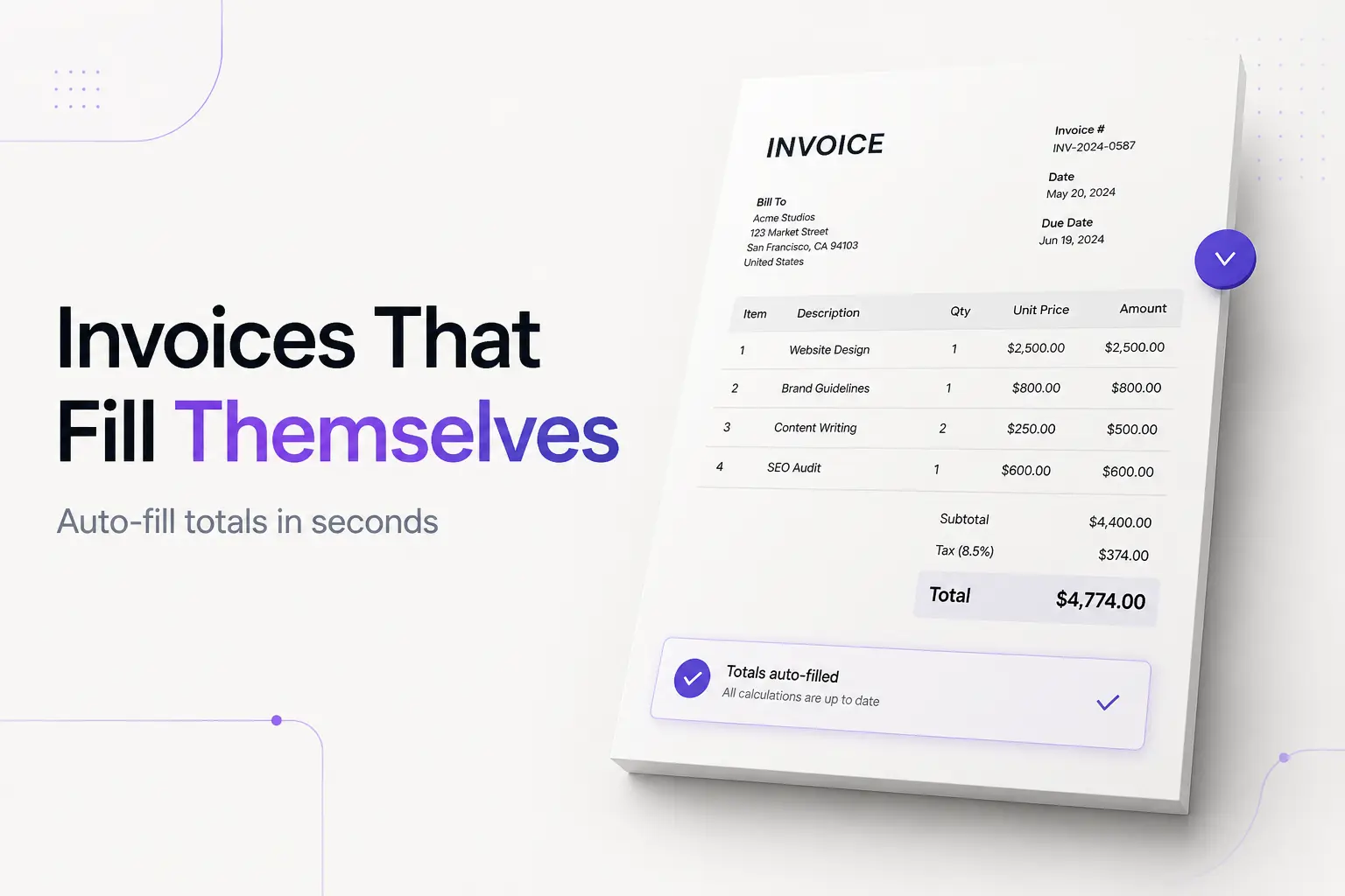 A spreadsheet invoice auto-filling totals and tax from typed line items