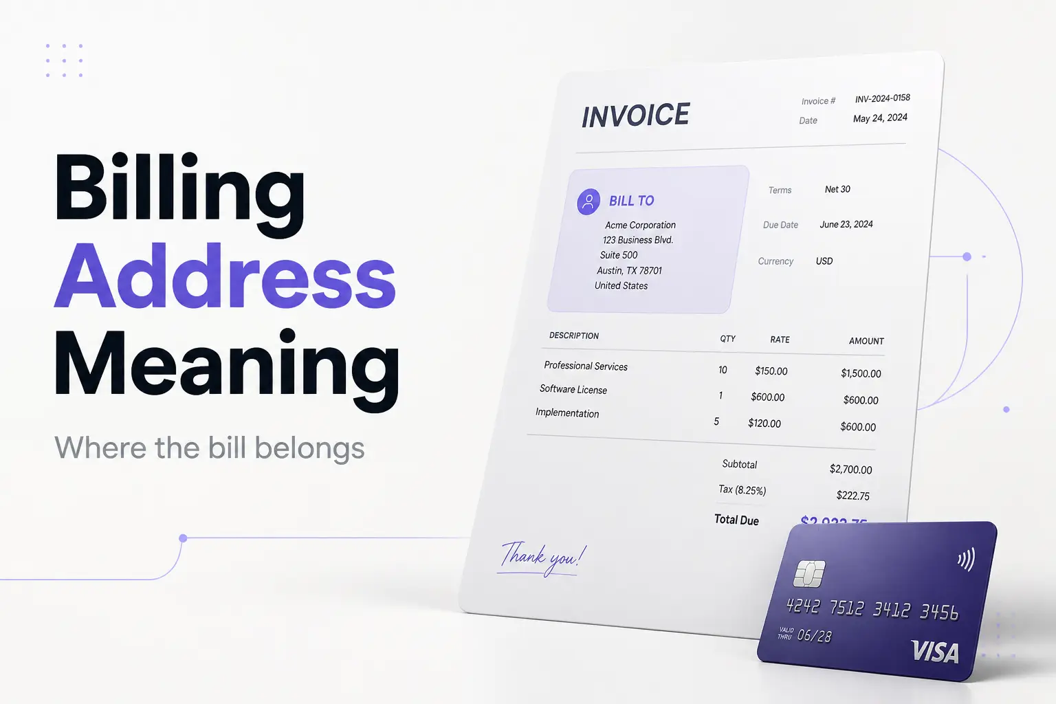 A billing address block on an invoice next to a payment card, illustrating the meaning of a billing address