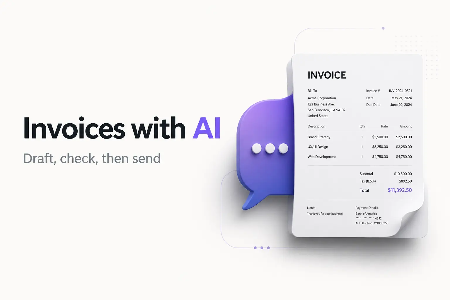 A freelancer using ChatGPT to draft an invoice on a laptop, next to a finished PDF invoice