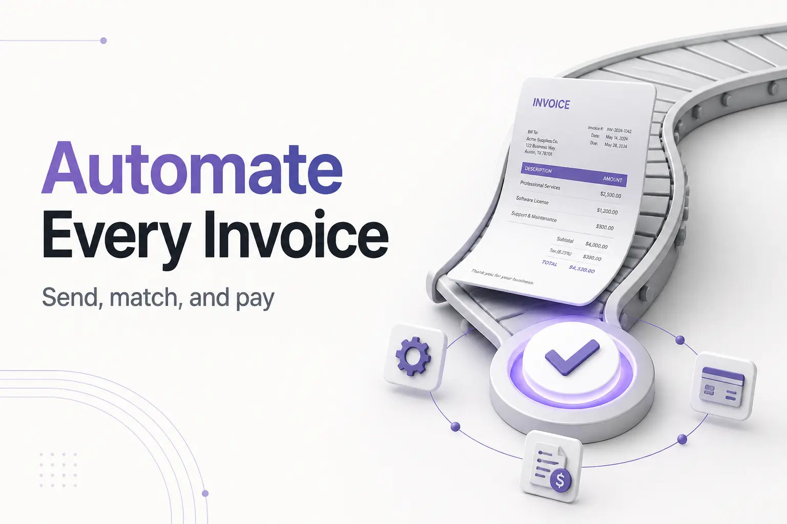 Illustration of invoice automation software capturing a vendor invoice, matching it, and sending a customer invoice with a pay link