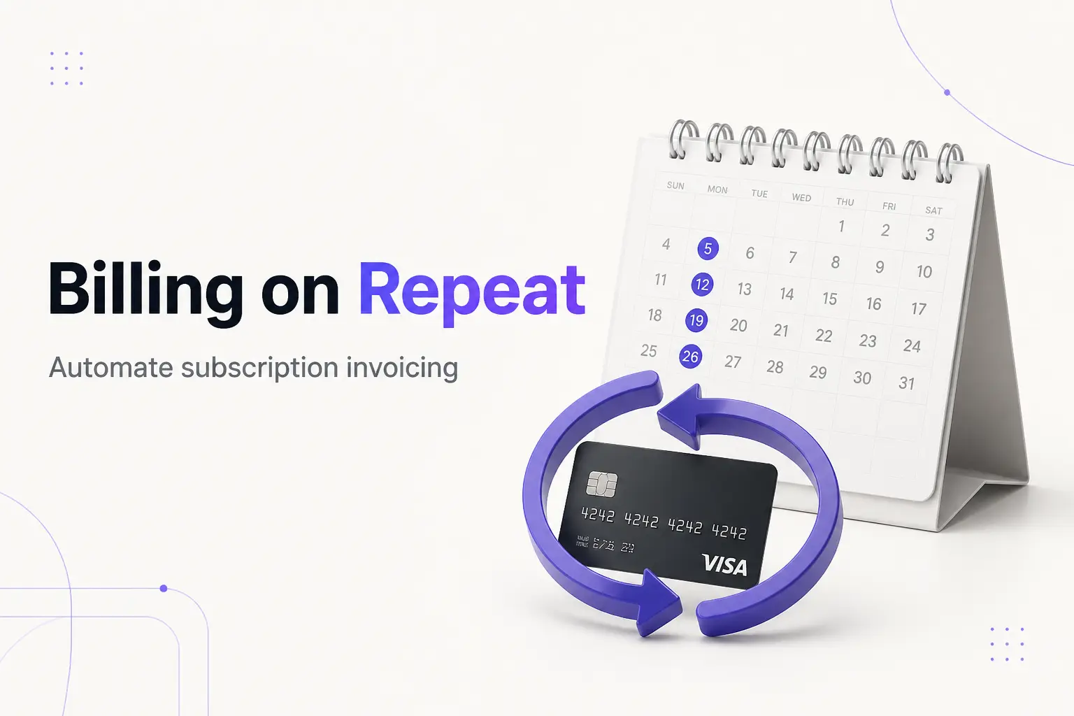 Illustration of recurring billing software charging a saved card on a monthly schedule, retrying a failed payment, and syncing to the books