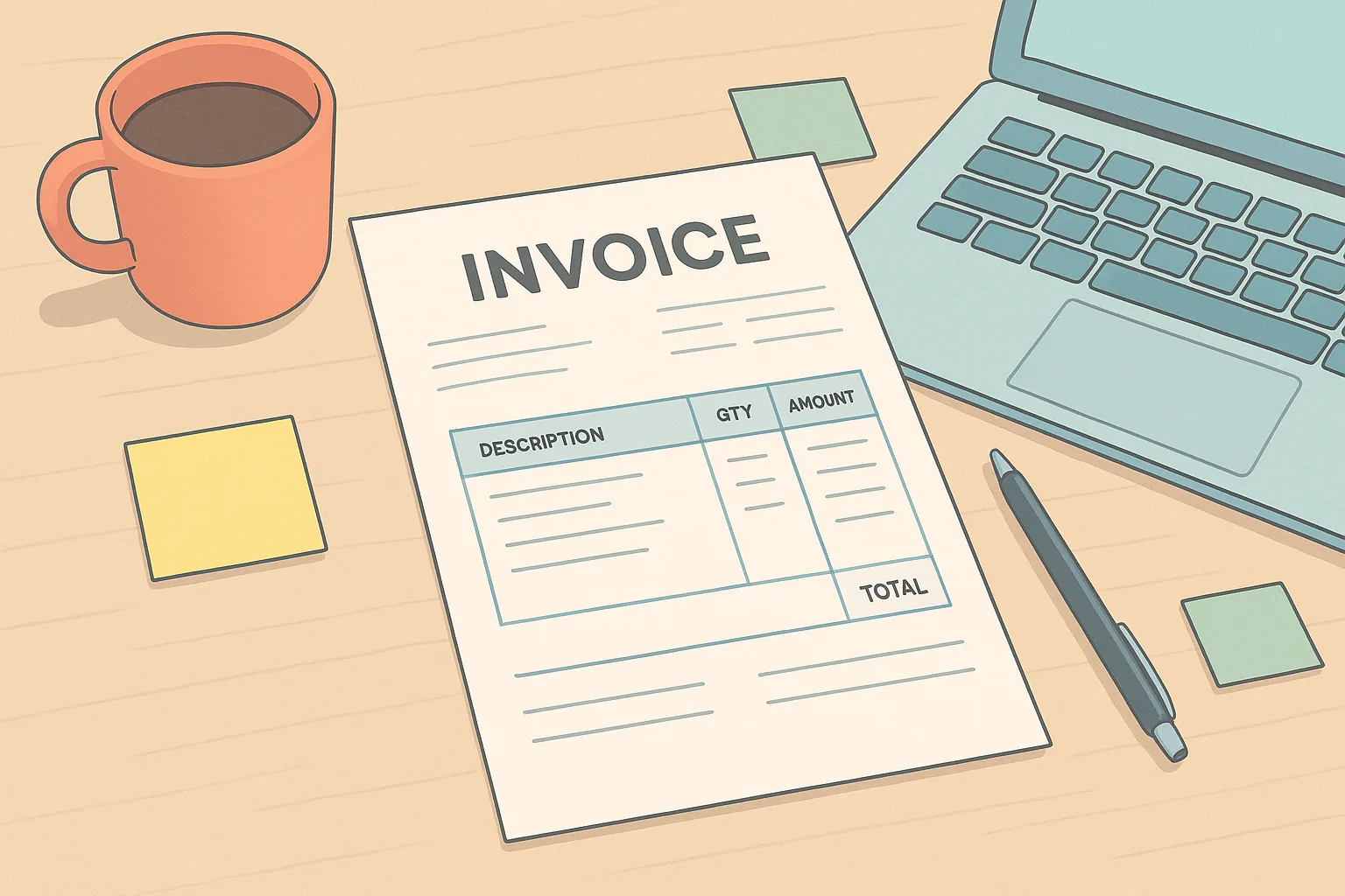 A clean, professional invoice layout showing header, line-item table, and payment footer zones